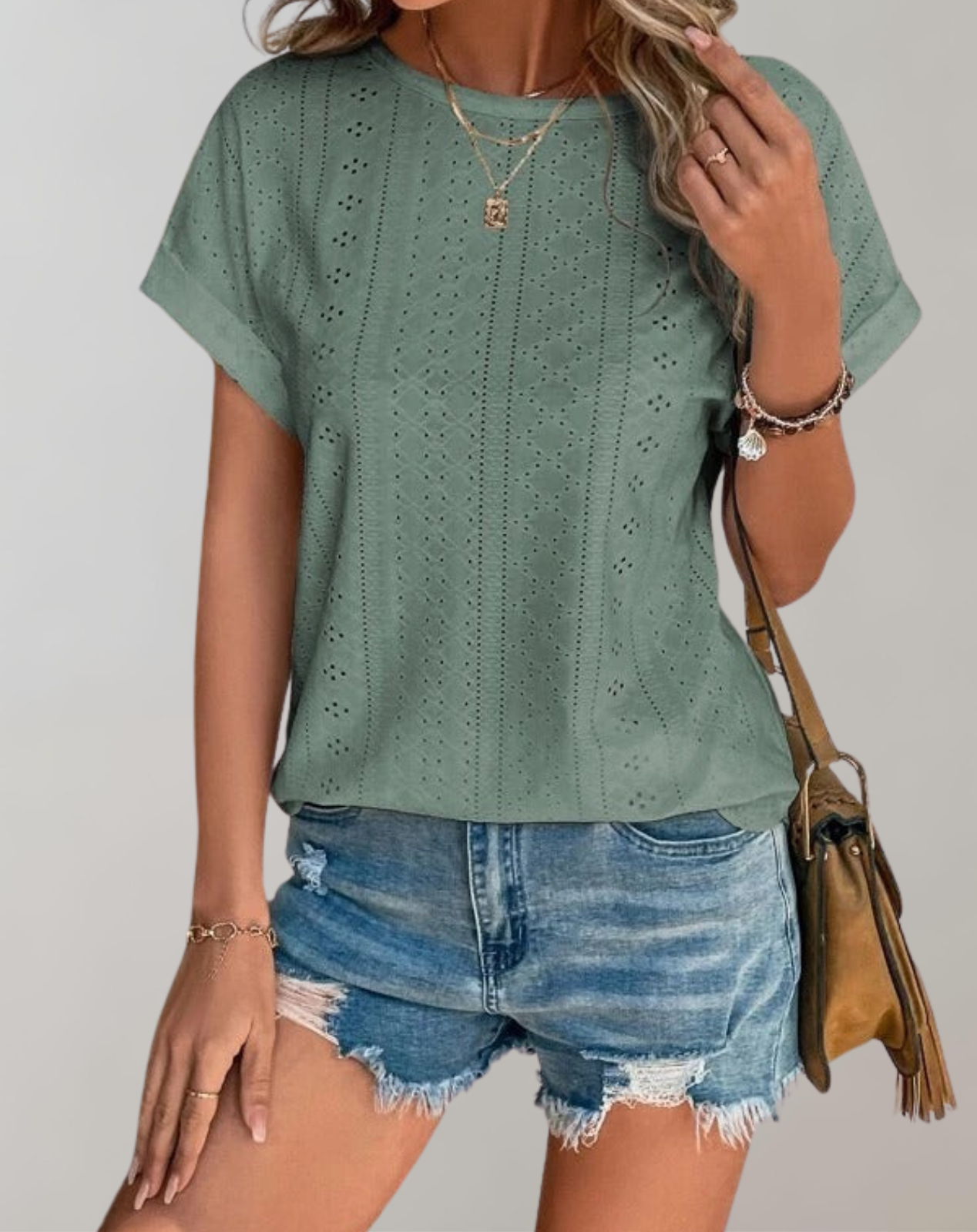 Lara Gruen Ösenstickerei Kurzarm Damen Sommerbluse Leicht Luftig | Elegant Laessig Sommer Freizeit Oberteil Vielseitig | Bequem - S/M/L/XL/2XL