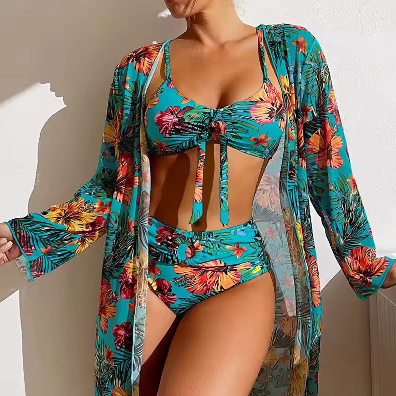 Darya Damen Bikini Set | Knotenoberteil, Hochgeschnittene Hose, Langer Überwurf- S-XL