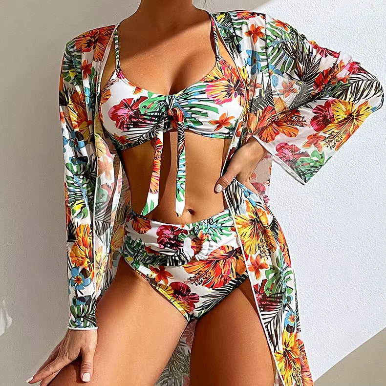 Darya Damen Bikini Set | Knotenoberteil, Hochgeschnittene Hose, Langer Überwurf- S-XL