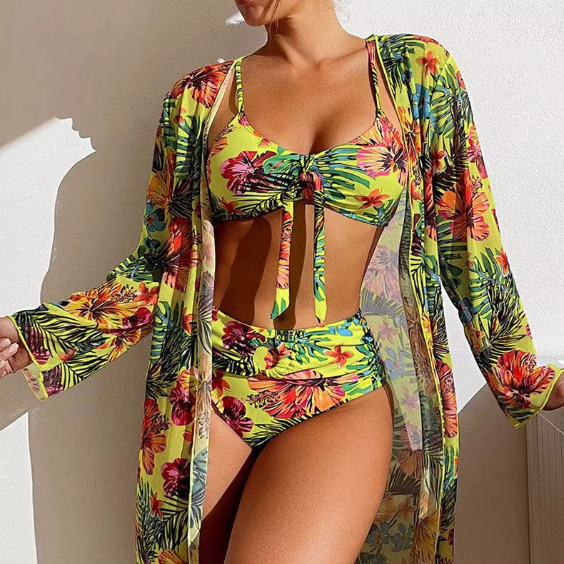 Darya Damen Bikini Set | Knotenoberteil, Hochgeschnittene Hose, Langer Überwurf- S-XL