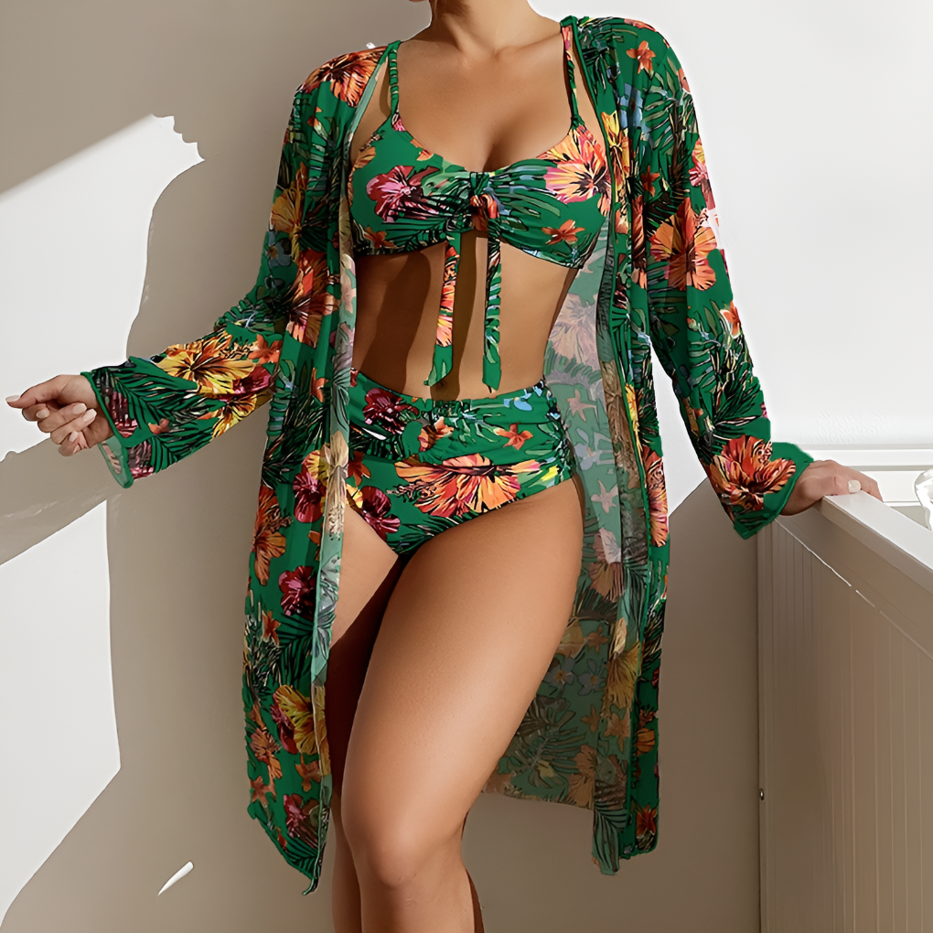 Darya Damen Bikini Set | Knotenoberteil, Hochgeschnittene Hose, Langer Überwurf- S-XL