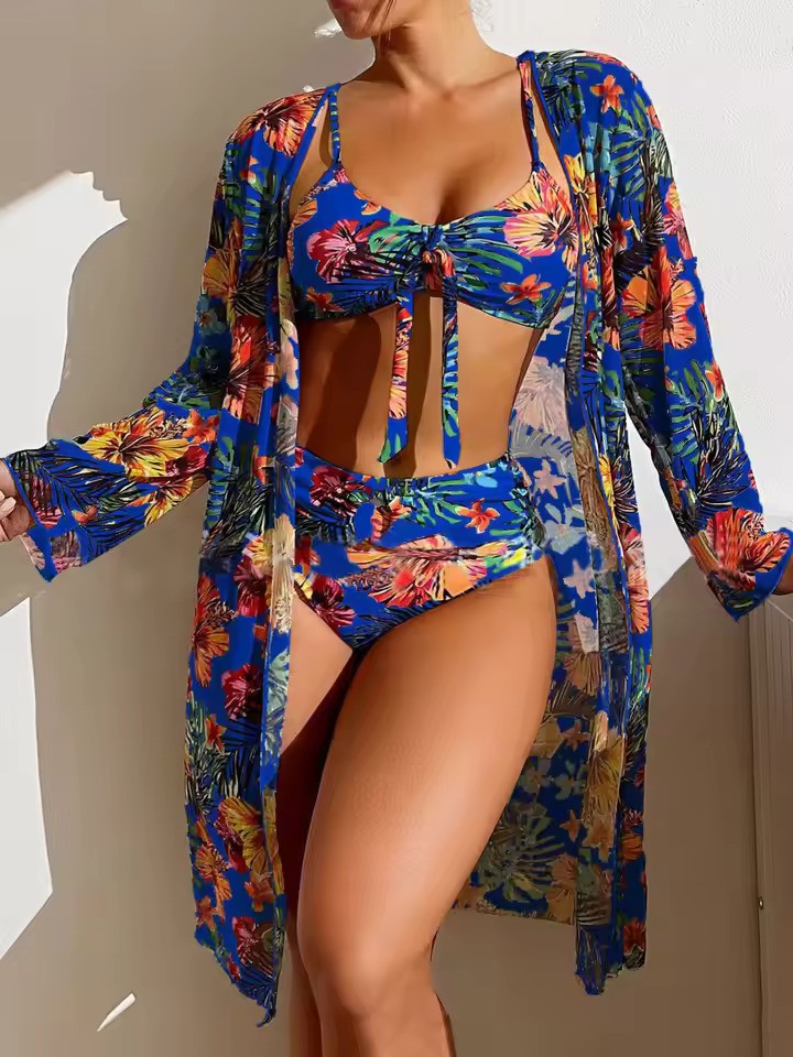 Darya Damen Bikini Set | Knotenoberteil, Hochgeschnittene Hose, Langer Überwurf- S-XL