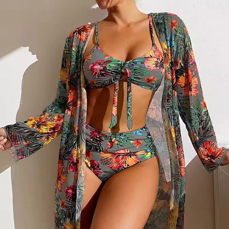 Darya Damen Bikini Set | Knotenoberteil, Hochgeschnittene Hose, Langer Überwurf- S-XL