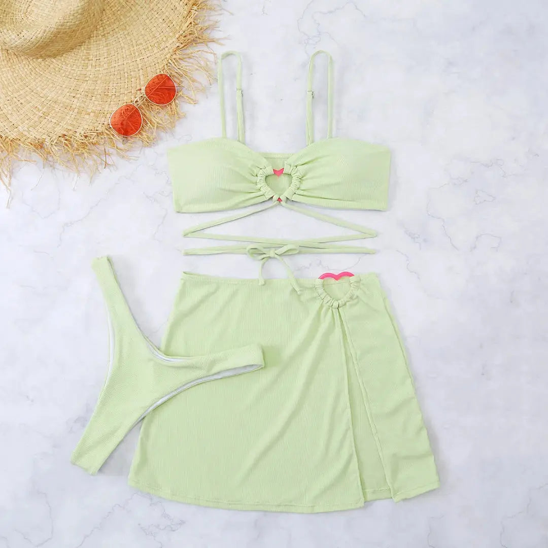 Dreiteiliges Damen Bikini Set | Hochwertiger Stoff, Wickelrock mit Bindebändern- S-L