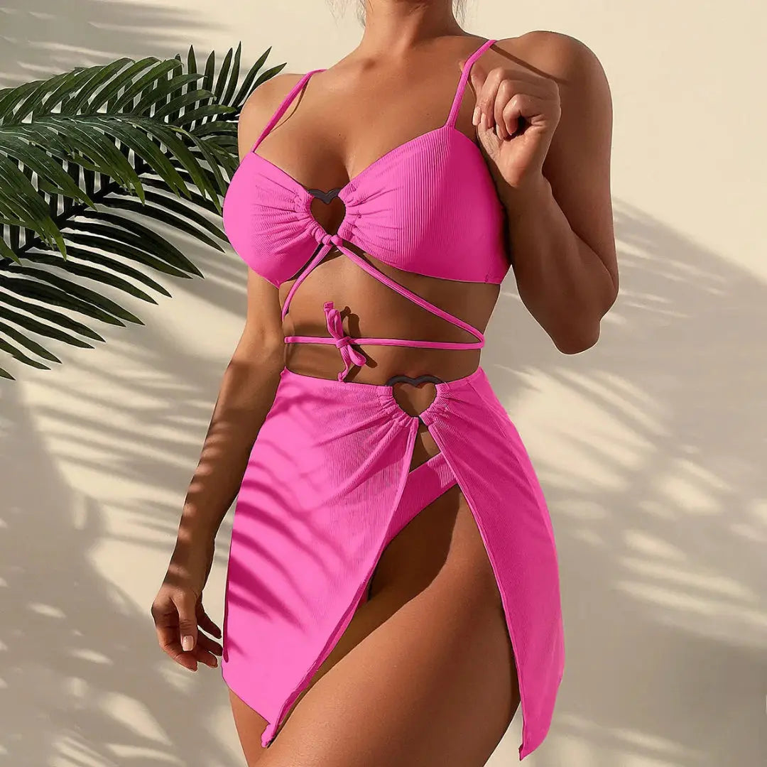 Dreiteiliges Damen Bikini Set | Hochwertiger Stoff, Wickelrock mit Bindebändern- S-L