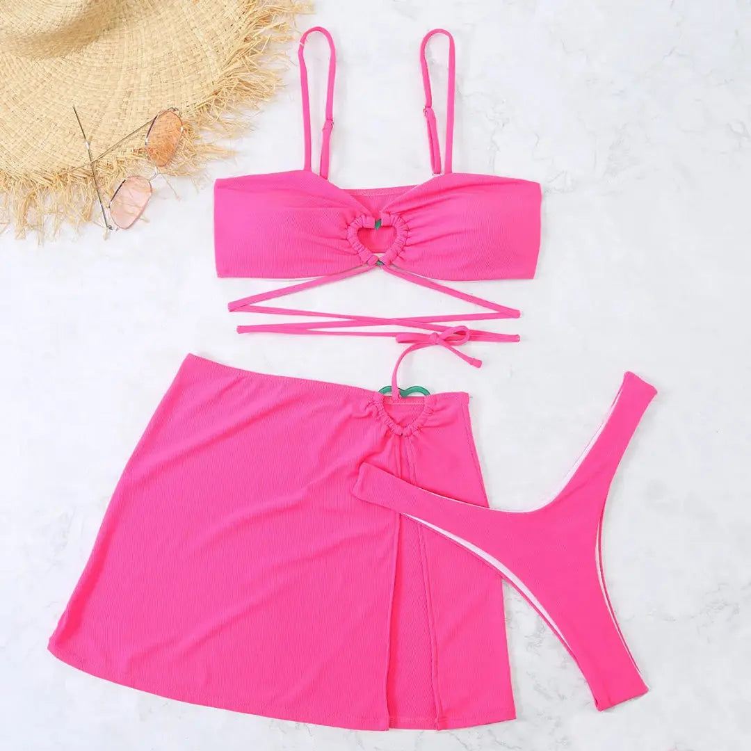 Dreiteiliges Damen Bikini Set | Hochwertiger Stoff, Wickelrock mit Bindebändern- S-L