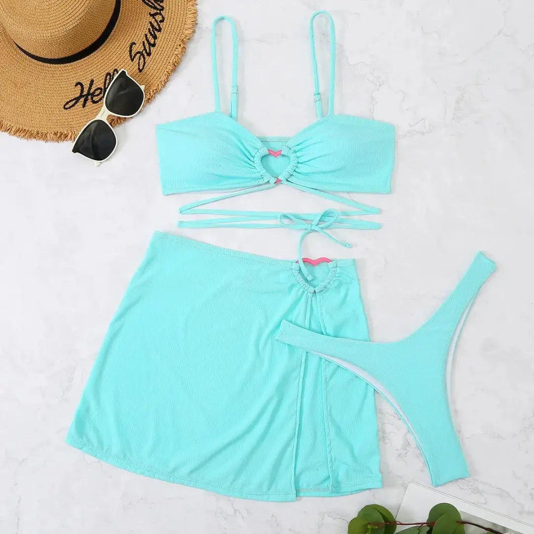Dreiteiliges Damen Bikini Set | Hochwertiger Stoff, Wickelrock mit Bindebändern- S-L