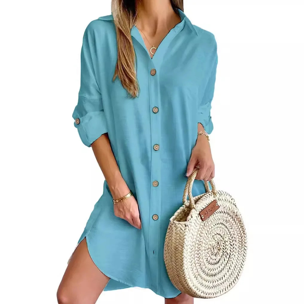 Monika Schwarz Hemdkleid Baumwollmix Reverskragen Knopfleiste Langarm Damen | Elegant Laessig Frühling Herbst Alltagskleid | Vielseitig - S/M/L/XL/XXL