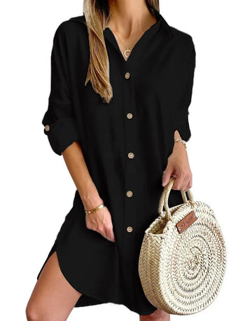 Monika Schwarz Hemdkleid Baumwollmix Reverskragen Knopfleiste Langarm Damen | Elegant Laessig Frühling Herbst Alltagskleid | Vielseitig - S/M/L/XL/XXL