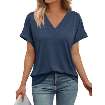 Annemarie Blau V-Ausschnitt Kurzarm Damen Longshirt Uebergroesse 100% Baumwolle | Leicht Atmungsaktiv Sommer Freizeit Oberteil - S-3XL
