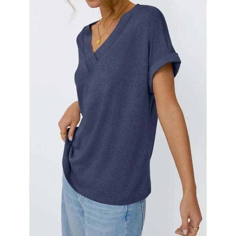 Annemarie Blau V-Ausschnitt Kurzarm Damen Longshirt Uebergroesse 100% Baumwolle | Leicht Atmungsaktiv Sommer Freizeit Oberteil - S-3XL