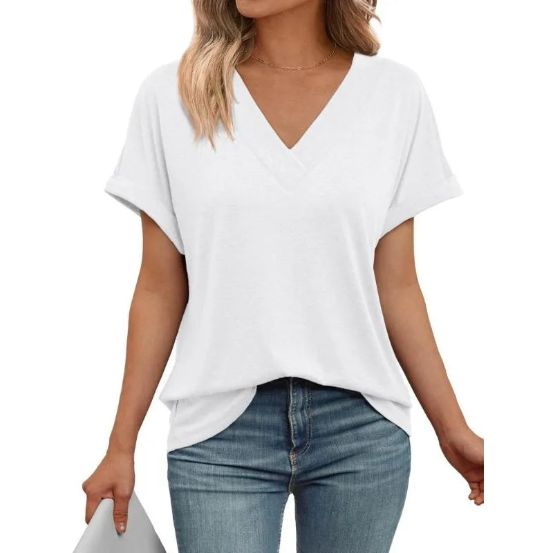 Annemarie Blau V-Ausschnitt Kurzarm Damen Longshirt Uebergroesse 100% Baumwolle | Leicht Atmungsaktiv Sommer Freizeit Oberteil - S-3XL