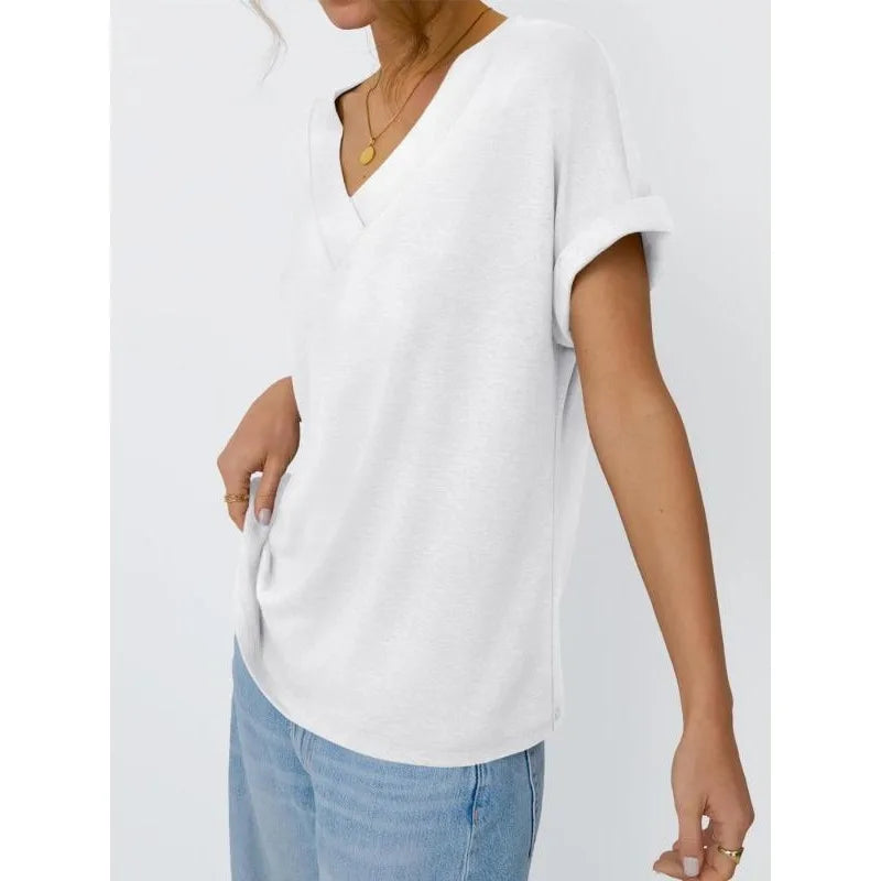 Annemarie Blau V-Ausschnitt Kurzarm Damen Longshirt Uebergroesse 100% Baumwolle | Leicht Atmungsaktiv Sommer Freizeit Oberteil - S-3XL