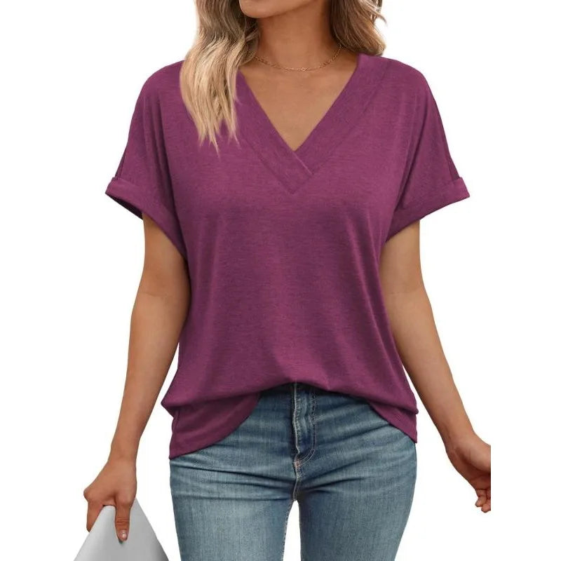 Annemarie Blau V-Ausschnitt Kurzarm Damen Longshirt Uebergroesse 100% Baumwolle | Leicht Atmungsaktiv Sommer Freizeit Oberteil - S-3XL