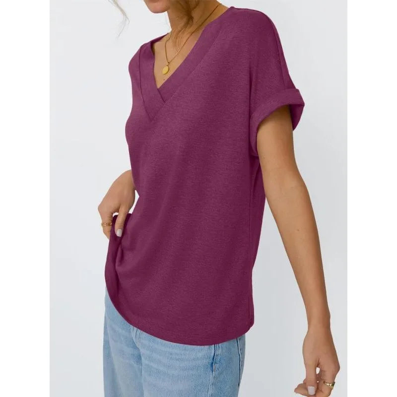 Annemarie Blau V-Ausschnitt Kurzarm Damen Longshirt Uebergroesse 100% Baumwolle | Leicht Atmungsaktiv Sommer Freizeit Oberteil - S-3XL