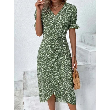 Rosemarie Schwarz Blumen Plissee Midi Kleid Damen | Elegant Romantic V-Ausschnitt Puffaermel Sommerkleid | Festlich - M-5XL