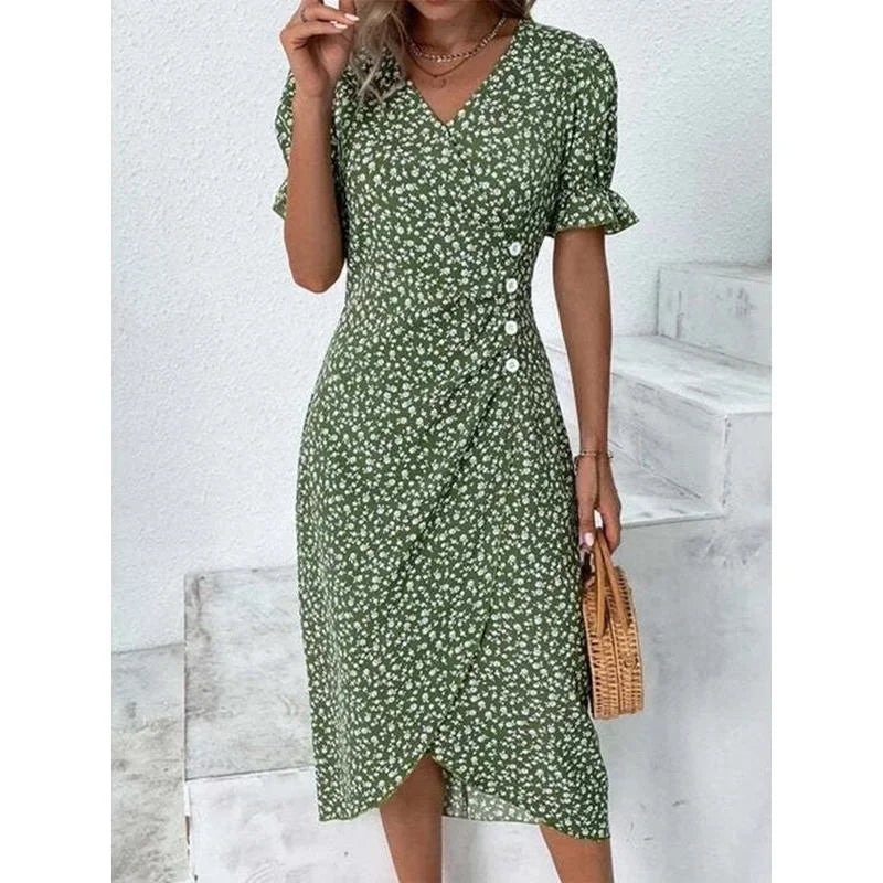 Rosemarie Schwarz Blumen Plissee Midi Kleid Damen | Elegant Romantic V-Ausschnitt Puffaermel Sommerkleid | Festlich - M-5XL