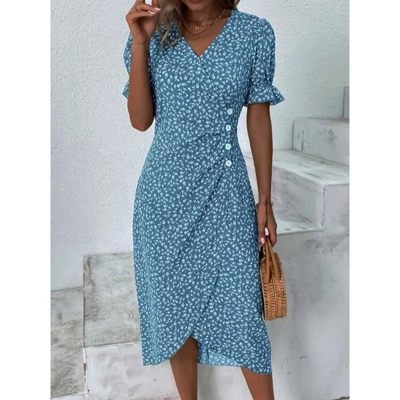 Rosemarie Schwarz Blumen Plissee Midi Kleid Damen | Elegant Romantic V-Ausschnitt Puffaermel Sommerkleid | Festlich - M-5XL