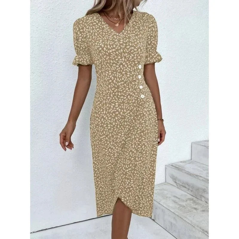 Rosemarie Schwarz Blumen Plissee Midi Kleid Damen | Elegant Romantic V-Ausschnitt Puffaermel Sommerkleid | Festlich - M-5XL