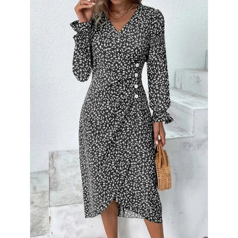 Rosemarie Schwarz Blumen Plissee Midi Kleid Damen | Elegant Romantic V-Ausschnitt Puffaermel Sommerkleid | Festlich - M-5XL