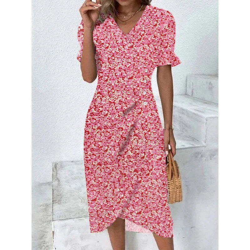 Rosemarie Schwarz Blumen Plissee Midi Kleid Damen | Elegant Romantic V-Ausschnitt Puffaermel Sommerkleid | Festlich - M-5XL