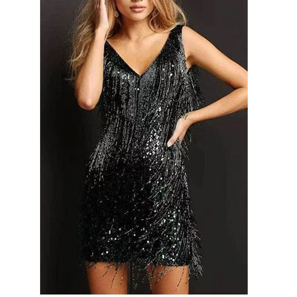 Fina Damen Mini Kleid | Mit Fransen und Perlen, Festlich- S-L