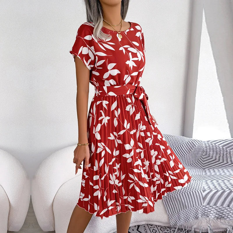 Heidi Dunkelblau Floral Plissee A-Linie Damen Sommerkleid | Elegant Feminine Hochzeit Gartenparty Kleid | Leicht Fliessend - S/M/L/XL/2XL