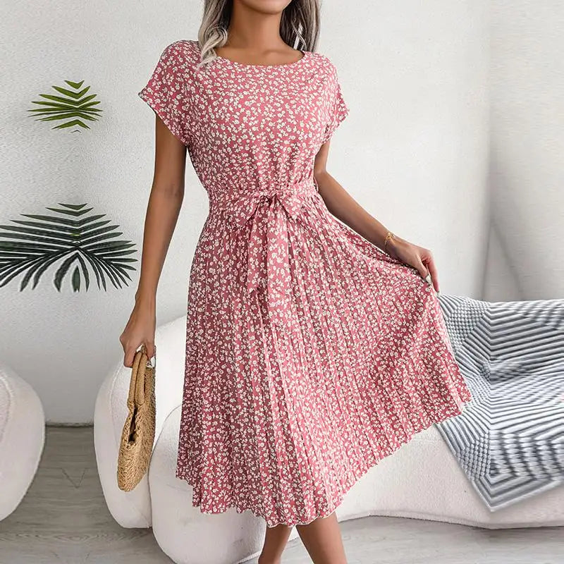 Heidi Dunkelblau Floral Plissee A-Linie Damen Sommerkleid | Elegant Feminine Hochzeit Gartenparty Kleid | Leicht Fliessend - S/M/L/XL/2XL