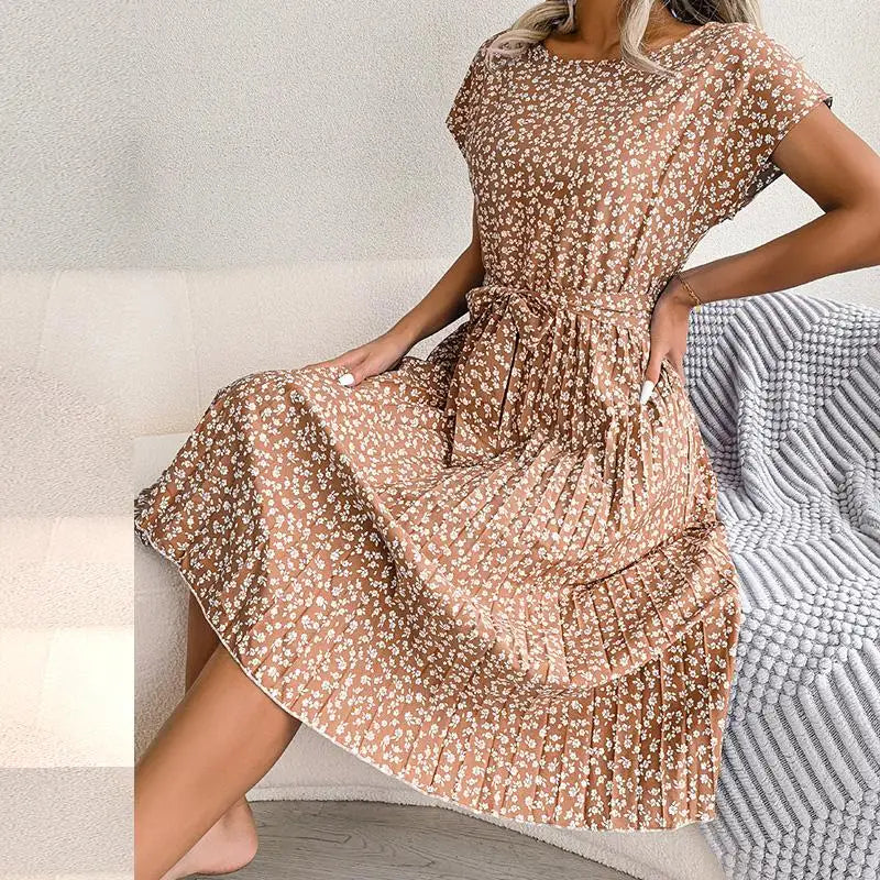 Heidi Dunkelblau Floral Plissee A-Linie Damen Sommerkleid | Elegant Feminine Hochzeit Gartenparty Kleid | Leicht Fliessend - S/M/L/XL/2XL