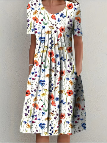 Margrit Weiss Mit Blumen Rundhals Damen Kurzarmkleid | Elegant Leicht Festlich Sommer Gartenparty Kleid | Fliessend - S-5XL