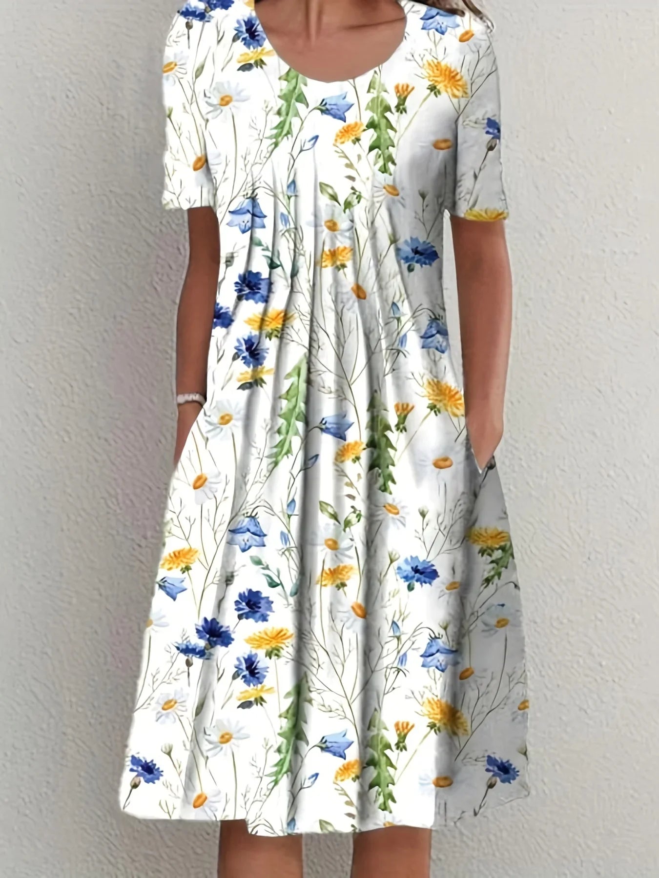Margrit Weiss Mit Blumen Rundhals Damen Kurzarmkleid | Elegant Leicht Festlich Sommer Gartenparty Kleid | Fliessend - S-5XL