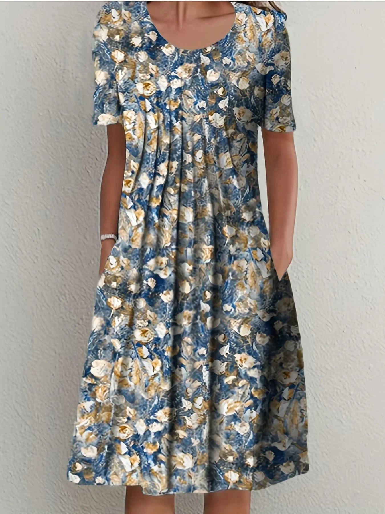 Margrit Weiss Mit Blumen Rundhals Damen Kurzarmkleid | Elegant Leicht Festlich Sommer Gartenparty Kleid | Fliessend - S-5XL