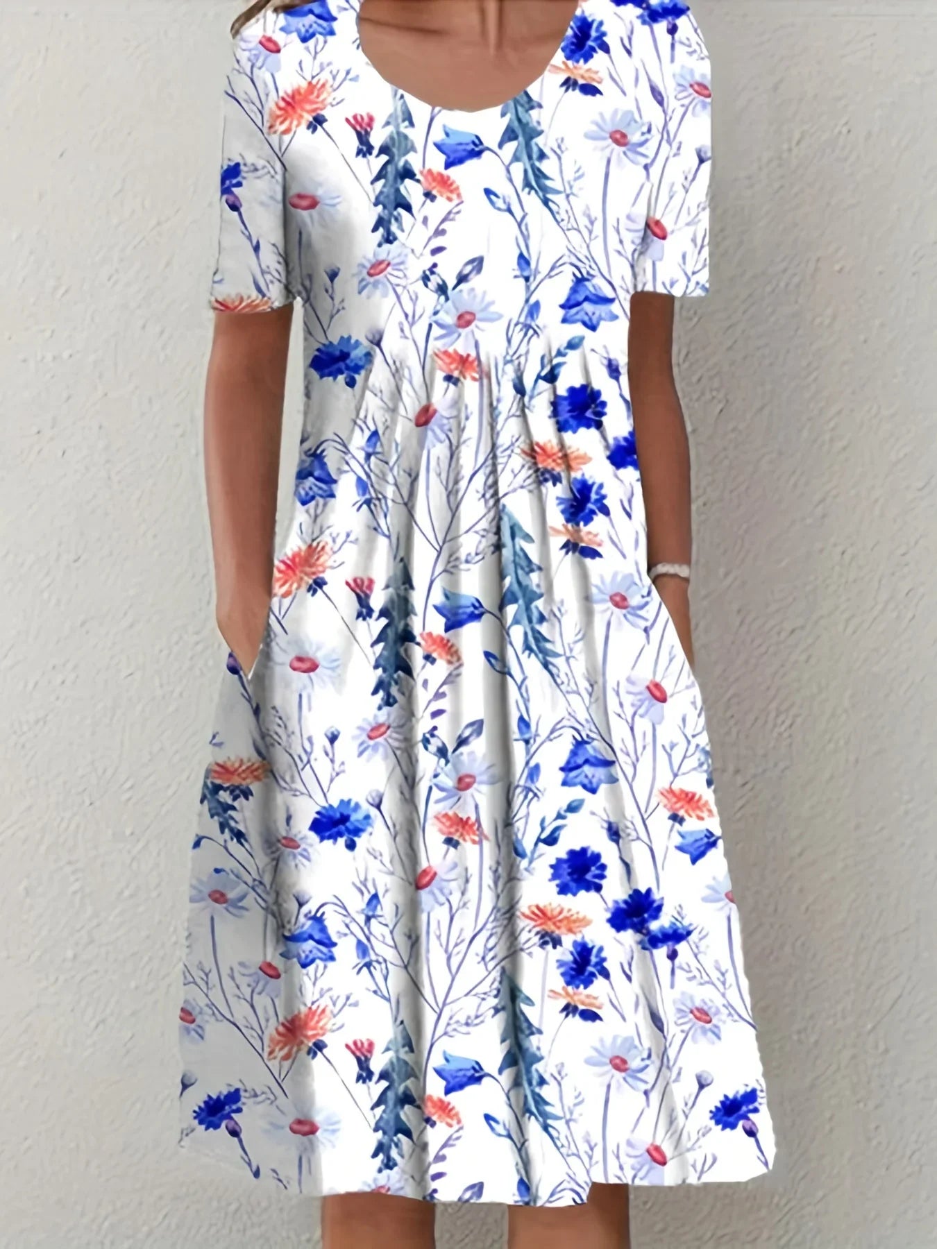 Margrit Weiss Mit Blumen Rundhals Damen Kurzarmkleid | Elegant Leicht Festlich Sommer Gartenparty Kleid | Fliessend - S-5XL