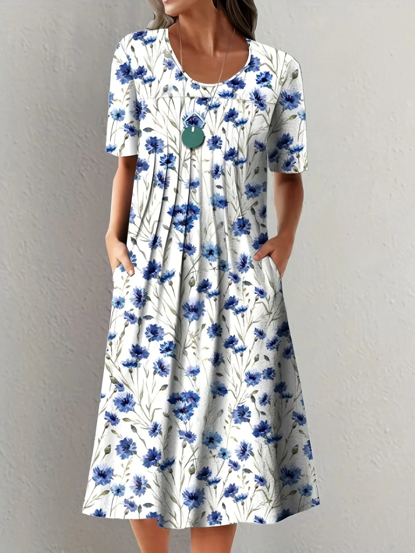 Margrit Weiss Mit Blumen Rundhals Damen Kurzarmkleid | Elegant Leicht Festlich Sommer Gartenparty Kleid | Fliessend - S-5XL