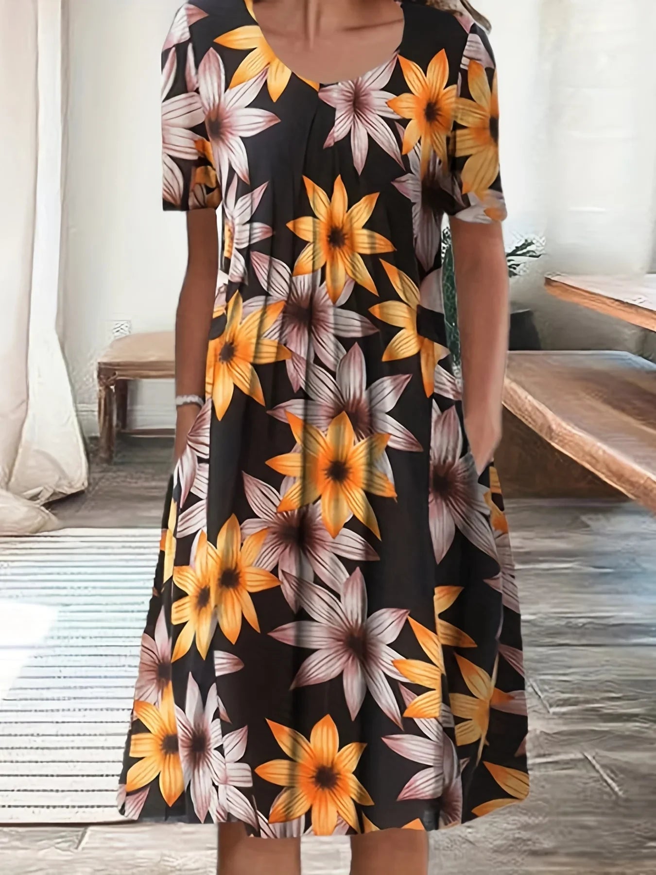 Margrit Weiss Mit Blumen Rundhals Damen Kurzarmkleid | Elegant Leicht Festlich Sommer Gartenparty Kleid | Fliessend - S-5XL