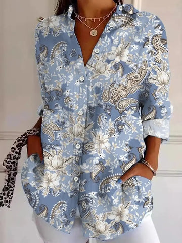 Rosemarie Mehrfarbig Vintage Floral Langarm Damen Shirt 100% Baumwolle | Elegant Laessig Frühling Sommer Freizeit Oberteil | Bequem - S/M/L/XL/2XL