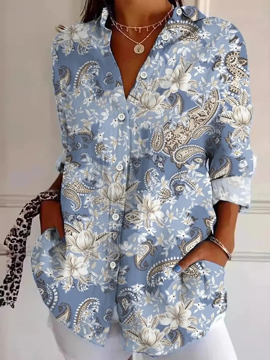 Rosemarie Mehrfarbig Vintage Floral Langarm Damen Shirt 100% Baumwolle | Elegant Laessig Frühling Sommer Freizeit Oberteil | Bequem - S/M/L/XL/2XL