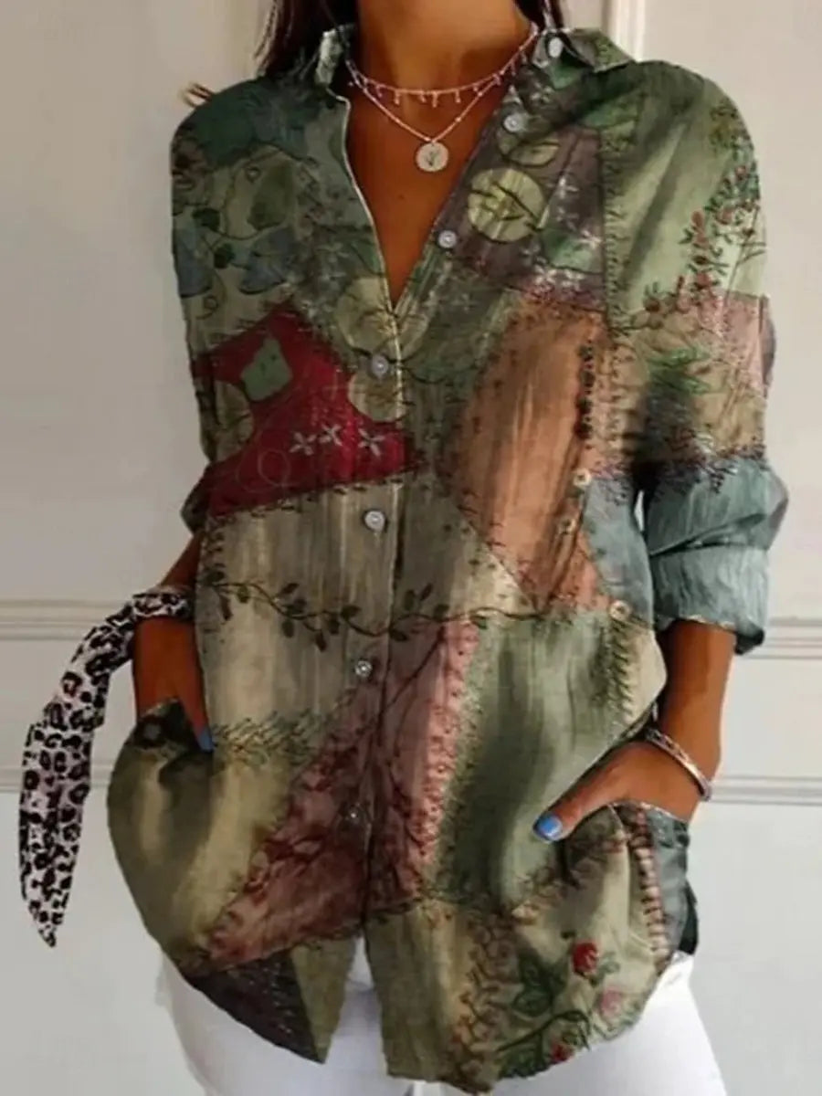 Rosemarie Mehrfarbig Vintage Floral Langarm Damen Shirt 100% Baumwolle | Elegant Laessig Frühling Sommer Freizeit Oberteil | Bequem - S/M/L/XL/2XL