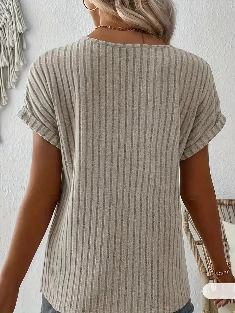 Vreni Dunkelgruen Gerippt V-Ausschnitt Knoepfe Damen T-Shirt Baumwolle | Elegant Tailliert Fruehling Sommer Alltagsshirt | Vielseitig - S/M/L/XL/XXL