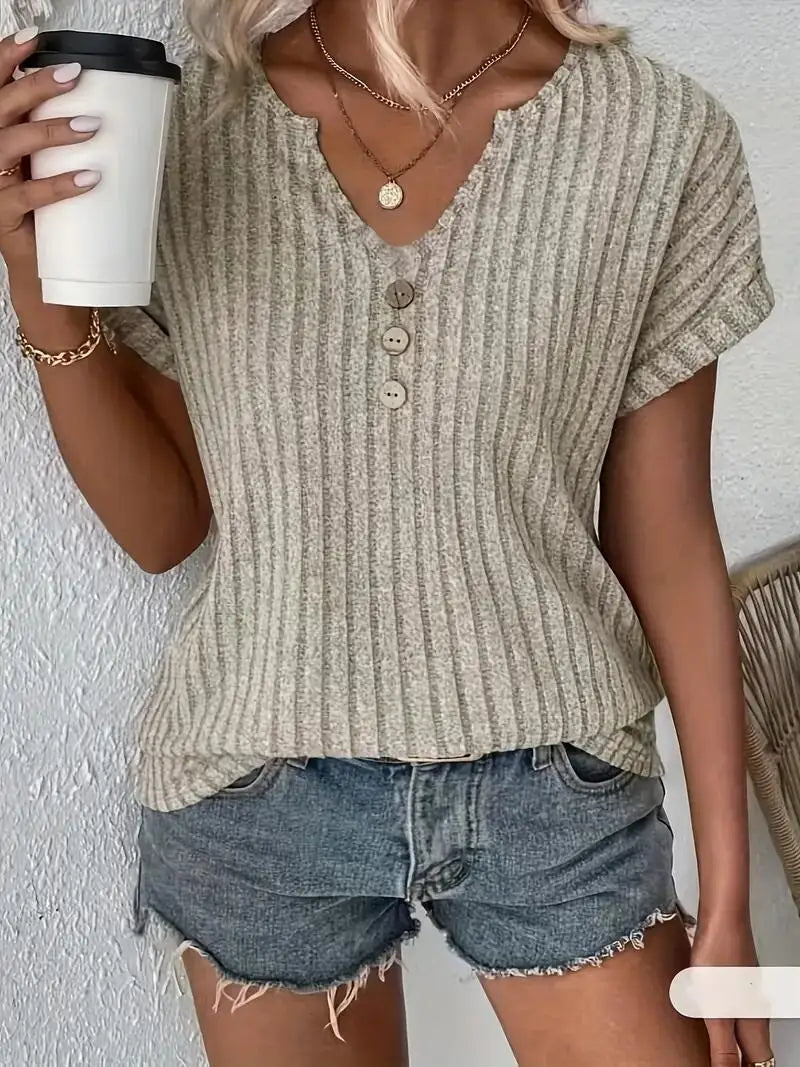 Vreni Dunkelgruen Gerippt V-Ausschnitt Knoepfe Damen T-Shirt Baumwolle | Elegant Tailliert Fruehling Sommer Alltagsshirt | Vielseitig - S/M/L/XL/XXL