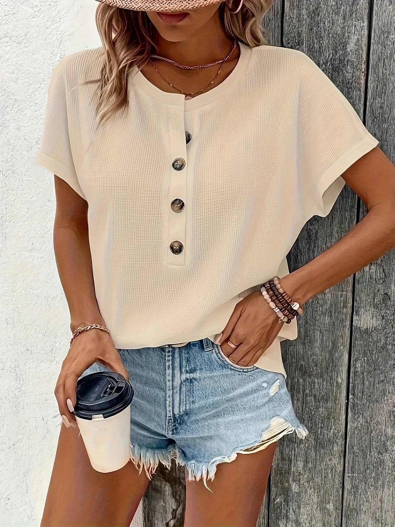 Ursula Aprikose Twist-Knopf Kurzarm Damen T-Shirt Baumwollmix | Leicht Atmungsaktiv Frühling Sommer Freizeit Oberteil | Elegant - S/M/L/XL/XXL