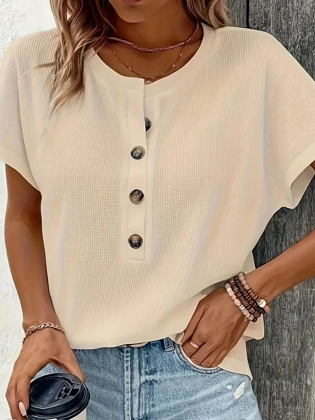 Ursula Aprikose Twist-Knopf Kurzarm Damen T-Shirt Baumwollmix | Leicht Atmungsaktiv Frühling Sommer Freizeit Oberteil | Elegant - S/M/L/XL/XXL