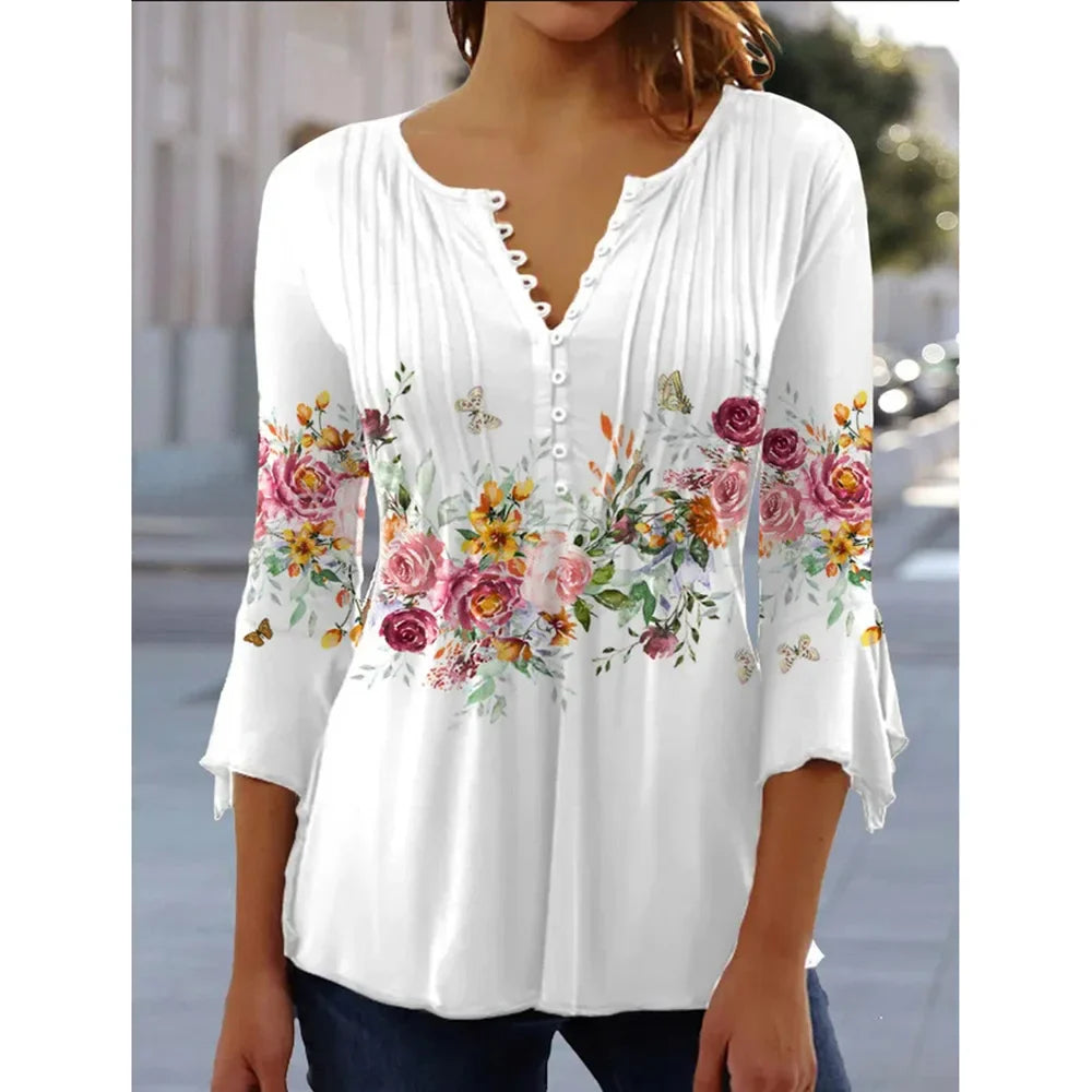 Brigitte Multicolor 3D Druck V-Ausschnitt Damen Bluse | Elegant Leicht 3/4 Aermel Fruehling Sommer Oberteil | Vielseitig - S-5XL