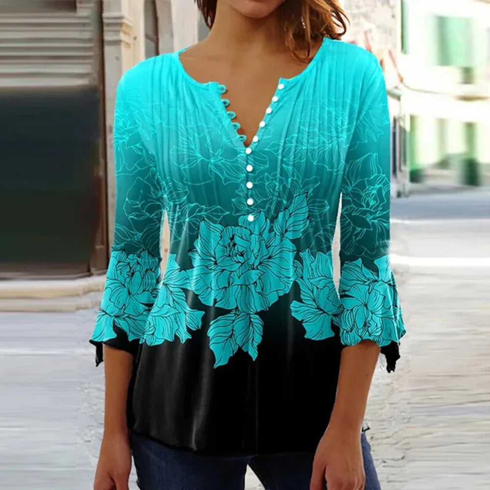 Brigitte Multicolor 3D Druck V-Ausschnitt Damen Bluse | Elegant Leicht 3/4 Aermel Fruehling Sommer Oberteil | Vielseitig - S-5XL