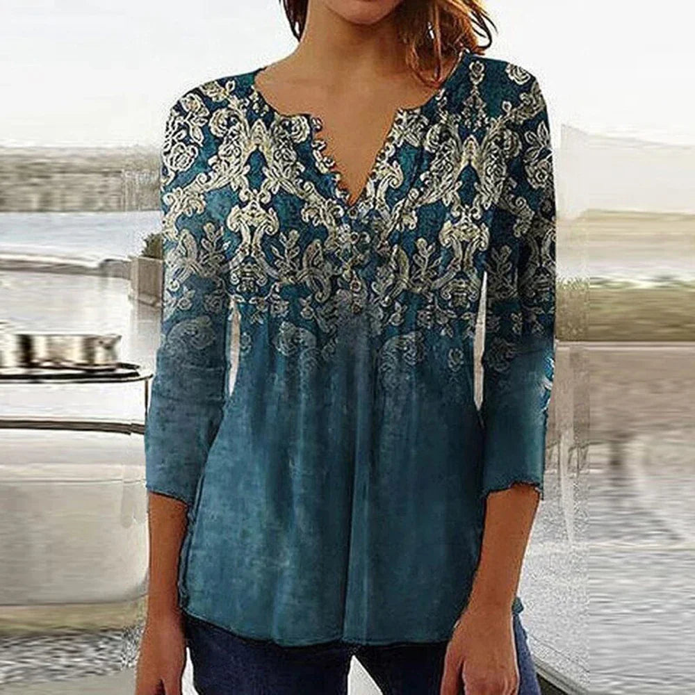 Brigitte Multicolor 3D Druck V-Ausschnitt Damen Bluse | Elegant Leicht 3/4 Aermel Fruehling Sommer Oberteil | Vielseitig - S-5XL