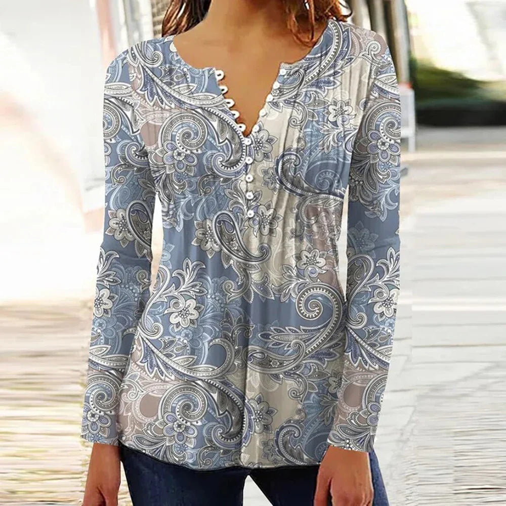 Brigitte Multicolor 3D Druck V-Ausschnitt Damen Bluse | Elegant Leicht 3/4 Aermel Fruehling Sommer Oberteil | Vielseitig - S-5XL