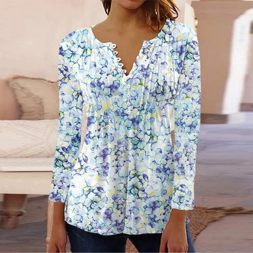 Brigitte Multicolor 3D Druck V-Ausschnitt Damen Bluse | Elegant Leicht 3/4 Aermel Fruehling Sommer Oberteil | Vielseitig - S-5XL