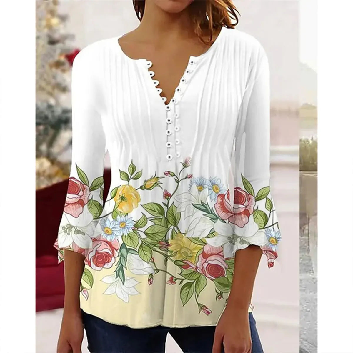 Brigitte Multicolor 3D Druck V-Ausschnitt Damen Bluse | Elegant Leicht 3/4 Aermel Fruehling Sommer Oberteil | Vielseitig - S-5XL