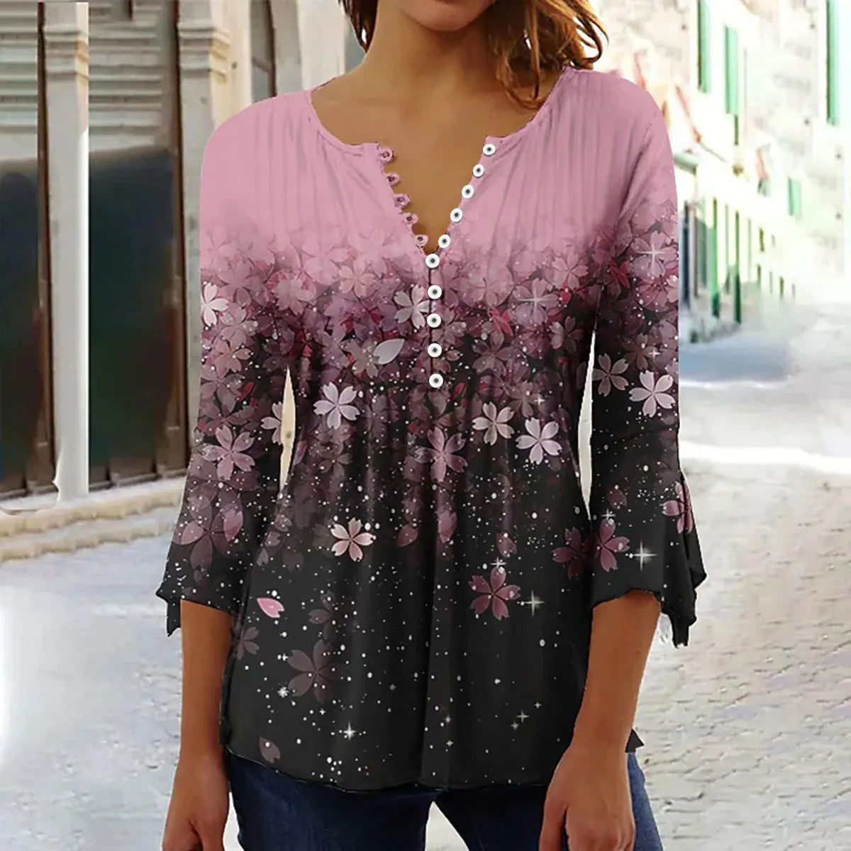 Brigitte Multicolor 3D Druck V-Ausschnitt Damen Bluse | Elegant Leicht 3/4 Aermel Fruehling Sommer Oberteil | Vielseitig - S-5XL