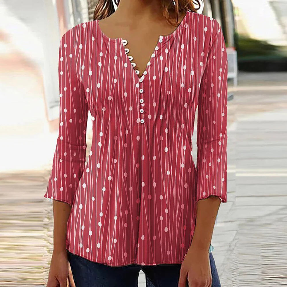 Brigitte Multicolor 3D Druck V-Ausschnitt Damen Bluse | Elegant Leicht 3/4 Aermel Fruehling Sommer Oberteil | Vielseitig - S-5XL